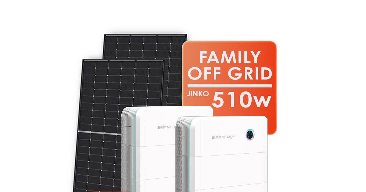 JinKO Solar 510W panel displayed alongside white battery storage units against black background