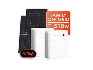 JinKO Solar 510W panel displayed alongside white battery storage units against black background