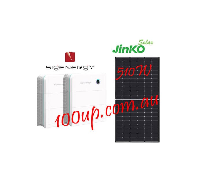 JinKO Solar 510W panel displayed alongside white battery storage units against black background