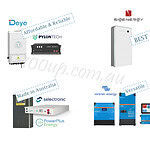 Display of off-grid solar system components including Deye inverters, Selectronic units, Victron systems and Pylontech batteries