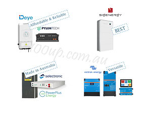 Display of off-grid solar system components including Deye inverters, Selectronic units, Victron systems and Pylontech batteries