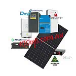 Collection of off-grid solar equipment including Deye, Selectronic, Sigenergy inverters, solar panels and monitoring devices