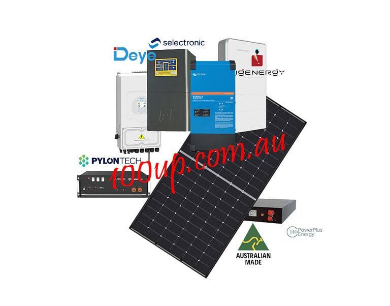 Collection of off-grid solar equipment including Deye, Selectronic, Sigenergy inverters, solar panels and monitoring devices