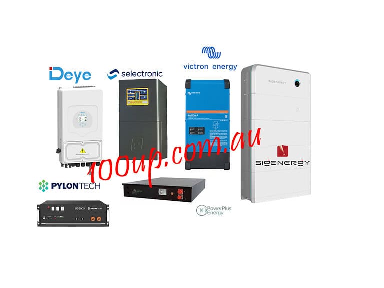 Collection of off-grid solar system components including Deve inverter, Selectronic unit, Victron battery inverter, Pylontech battery and SIGEnergy storage unit