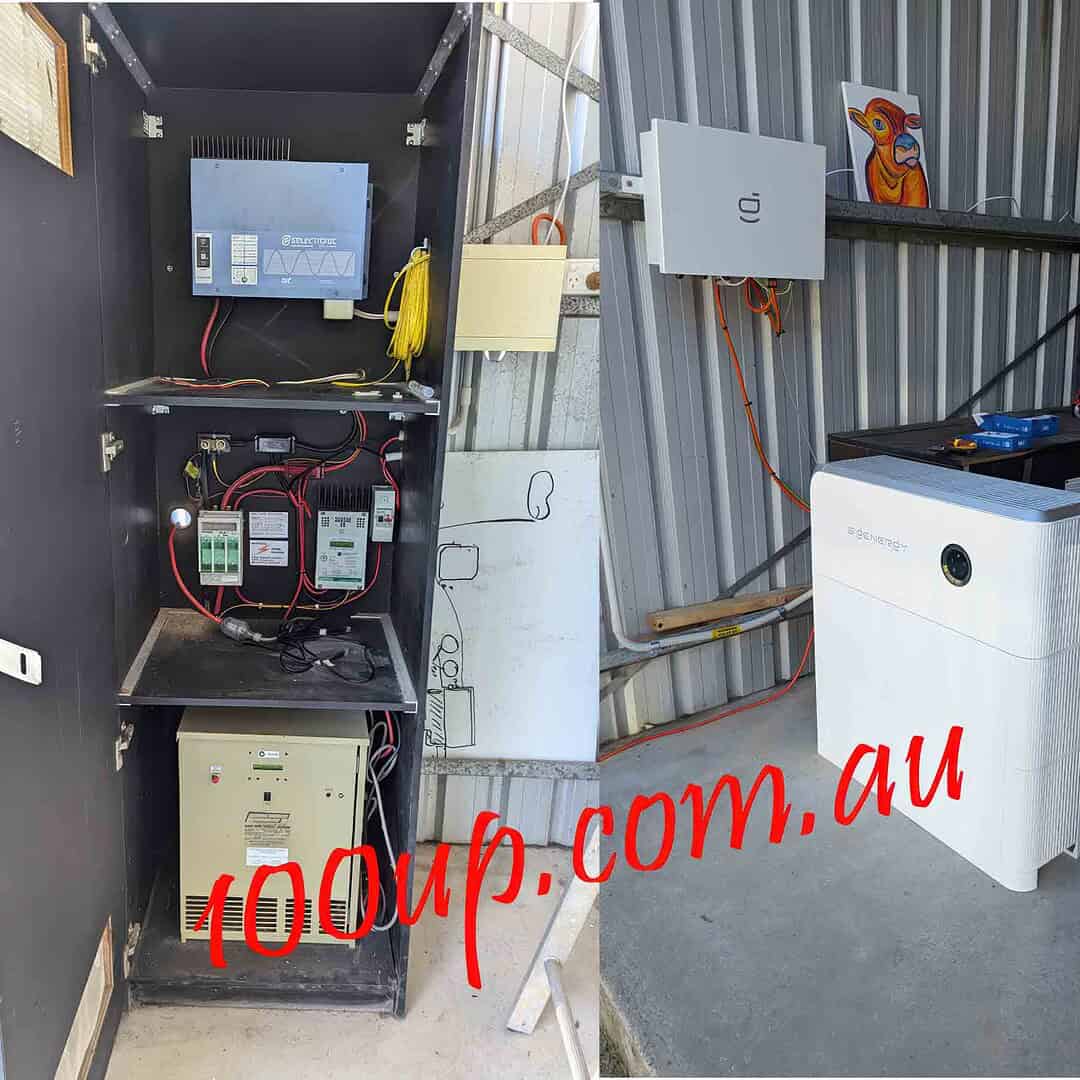 Side by side comparison of old Selectronic off-grid system with complex wiring and new white Sigenergy inverter in shed