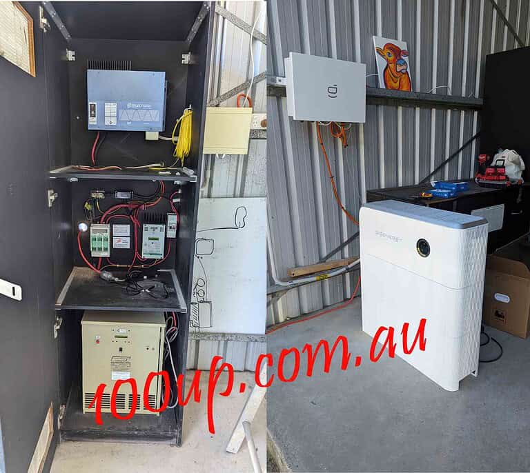 Side by side comparison of old Selectronic off-grid system with complex wiring and new white Sigenergy inverter in shed