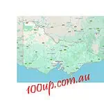 Map of Victoria showing regional areas for off-grid solar system installations with 100up.com.au branding