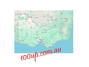 Map of Victoria showing regional areas for off-grid solar system installations with 100up.com.au branding