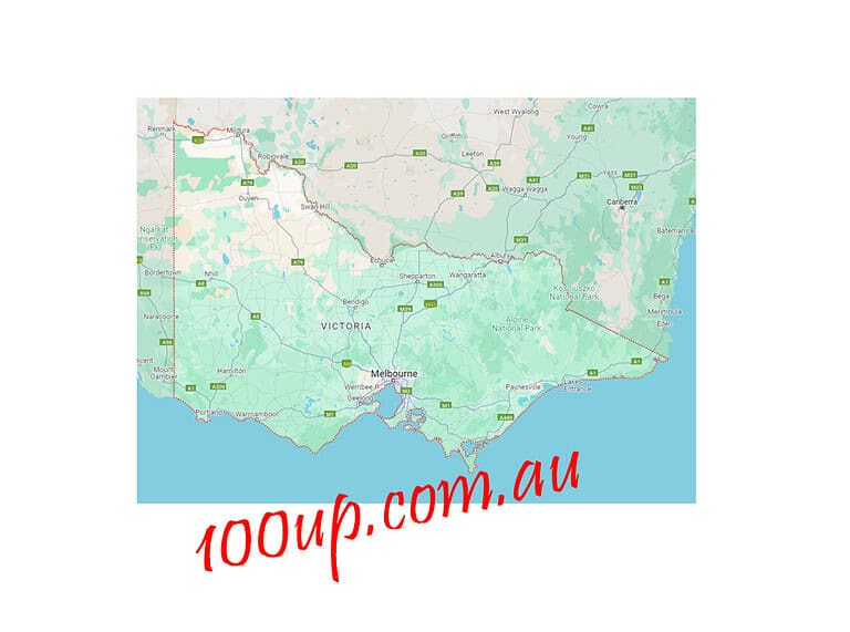 Map of Victoria showing regional areas for off-grid solar system installations with 100up.com.au branding