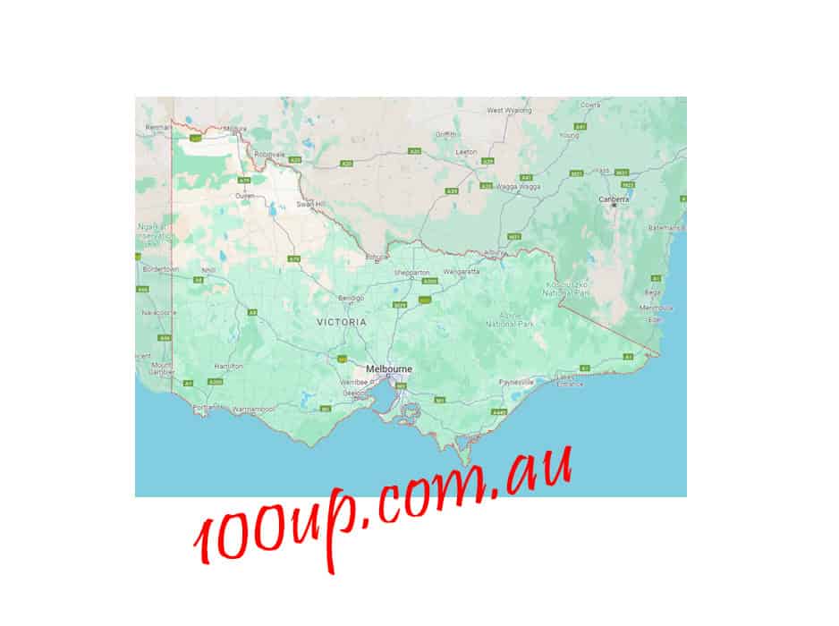 Map of Victoria showing regional areas for off-grid solar system installations with 100up.com.au branding