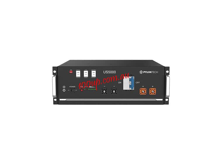 Pylontech US5000 rack-mounted lithium battery unit with power indicators, connection terminals and control switches