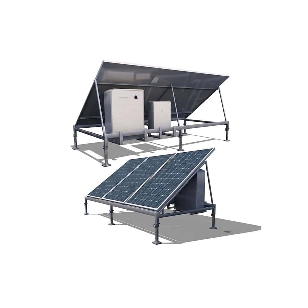 Complete off-grid solar system showing tilted solar panels, inverter and battery storage units under weather protection canopy