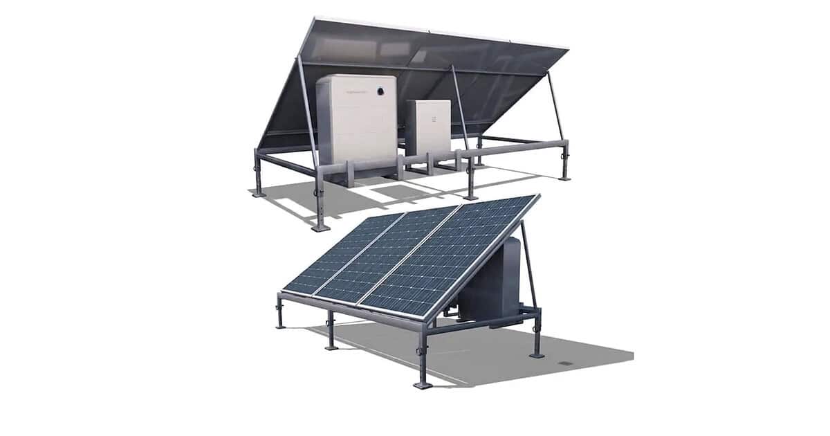 Complete off-grid solar system showing tilted solar panels, inverter and battery storage units under weather protection canopy