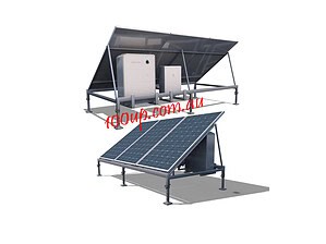 Complete off-grid solar system showing tilted solar panels, inverter and battery storage units under weather protection canopy