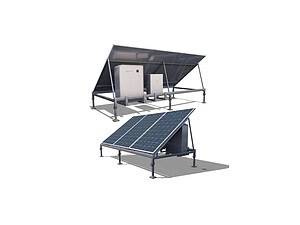 Complete off-grid solar system showing tilted solar panels, inverter and battery storage units under weather protection canopy