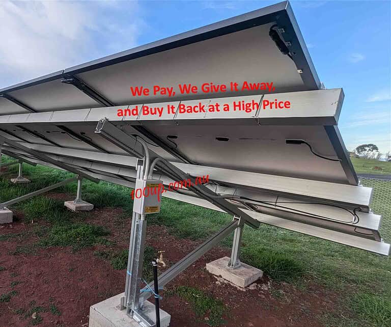 Ground-mounted solar panels on tracking system that tilts to follow sun movement, with red text overlay about energy pricing