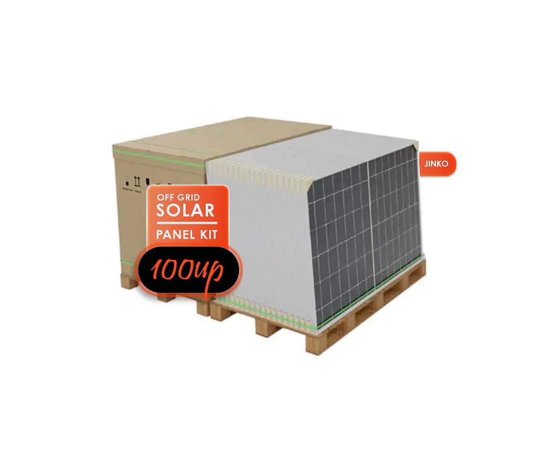 Pallet of Jinko 510W solar panels wrapped and secured for delivery, showing 36 panels ready for installation