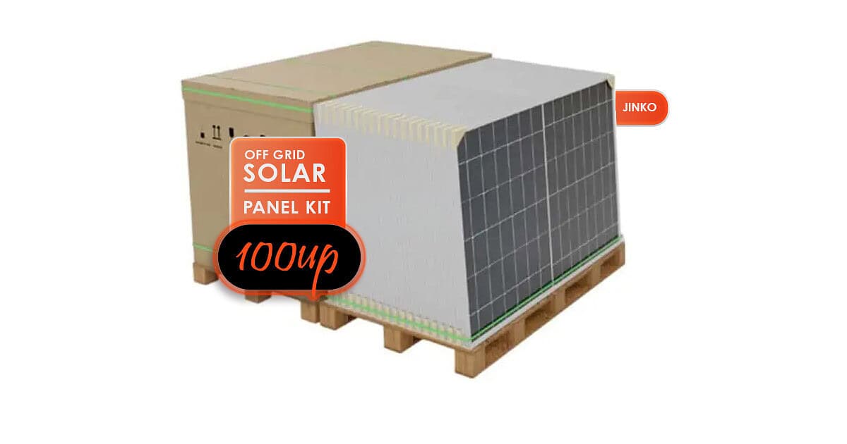 Pallet of Jinko 510W solar panels wrapped and secured for delivery, showing 36 panels ready for installation
