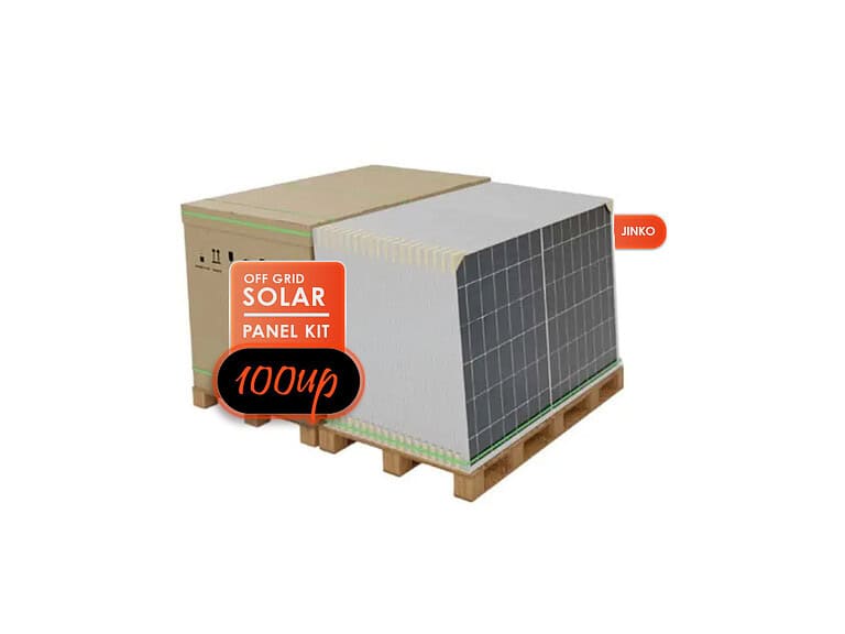 Pallet of Jinko 510W solar panels wrapped and secured for delivery, showing 36 panels ready for installation