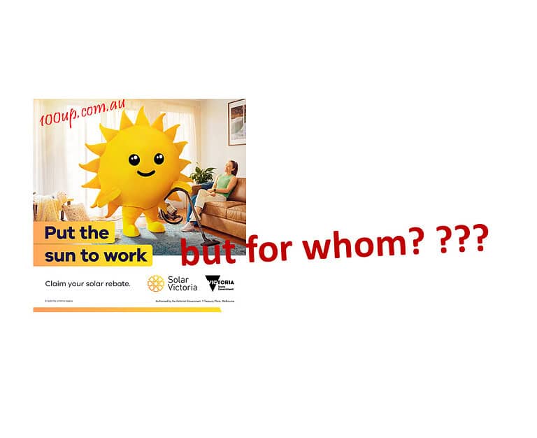 Solar Victoria government advertisement showing cartoon sun character with 'Put the sun to work' slogan, marked with skeptical red text