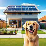 Modern two-storey home with solar panels on roof and golden retriever in foreground on sunny day