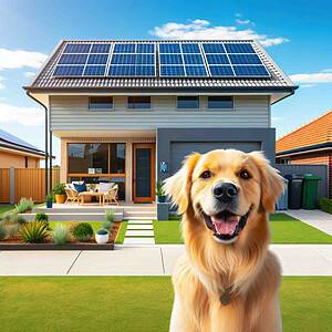 Modern two-storey home with solar panels on roof and golden retriever in foreground on sunny day