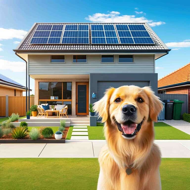 Modern two-storey home with solar panels on roof and golden retriever in foreground on sunny day
