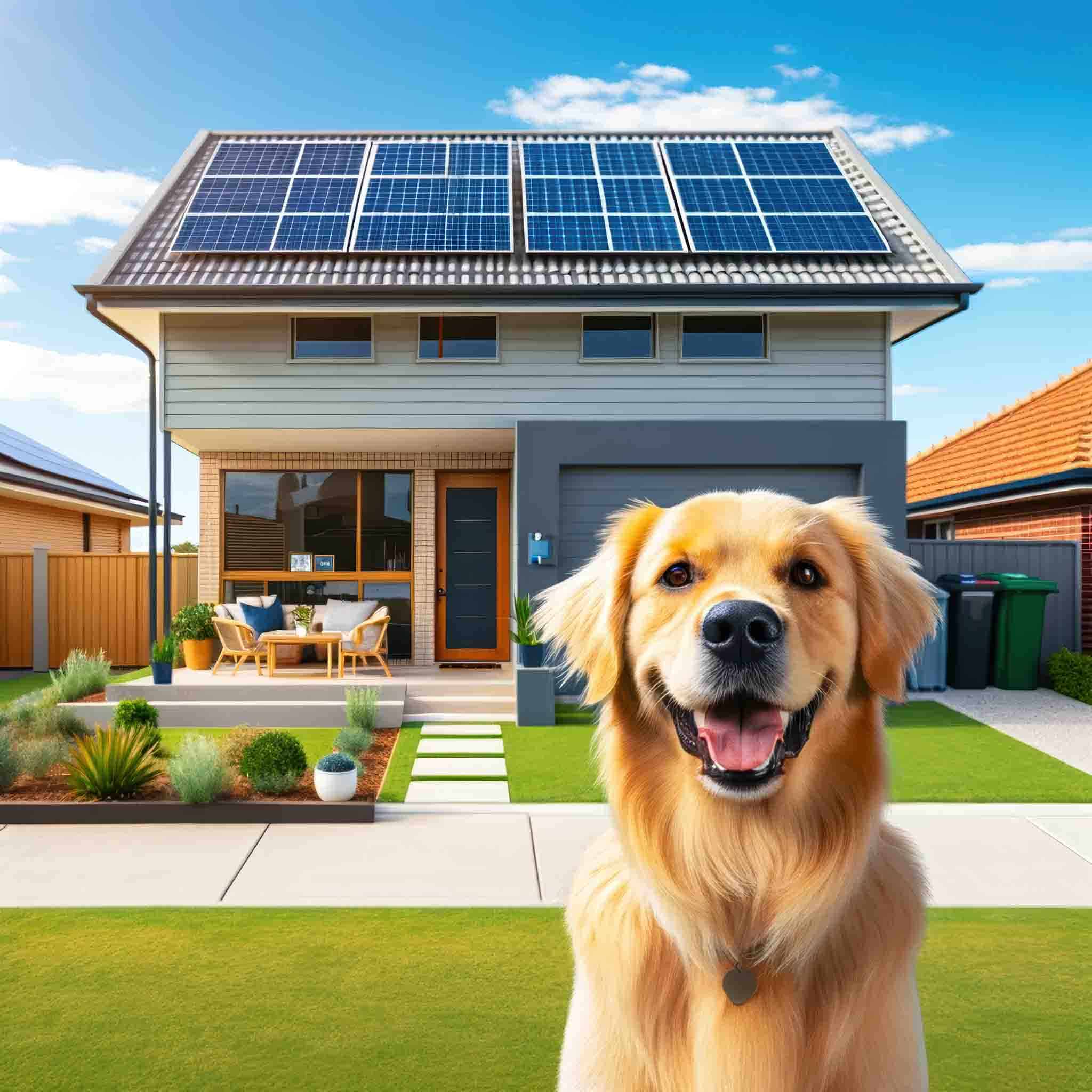 Modern two-storey home with solar panels on roof and golden retriever in foreground on sunny day