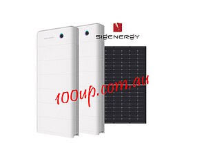 Two white SIS residential battery units displayed alongside a black solar panel against dark background