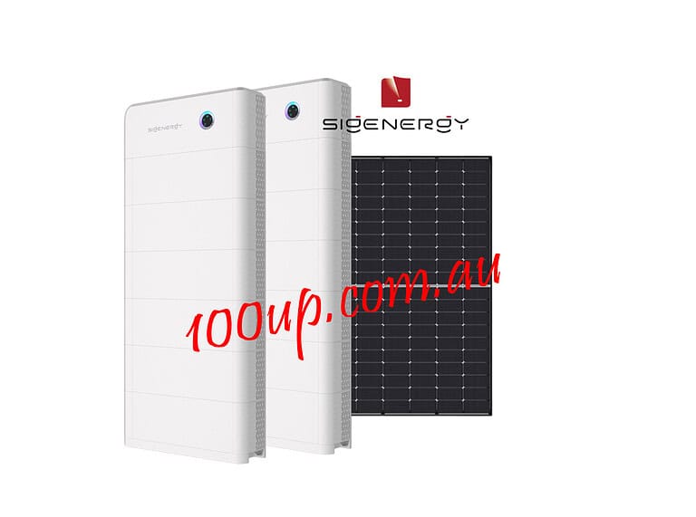 Two white SIS residential battery units displayed alongside a black solar panel against dark background