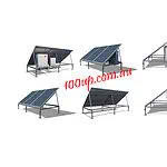 Six different ground-mounted solar panel frame configurations showing various angles and layouts for tiny house installations