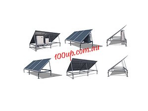 Six different ground-mounted solar panel frame configurations showing various angles and layouts for tiny house installations