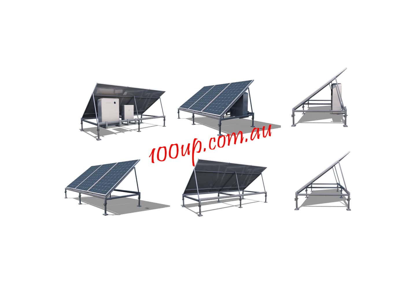 Six different ground-mounted solar panel frame configurations showing various angles and layouts for tiny house installations