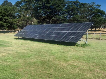 Large ground-mounted solar panel array installed on open grassland with trees in background
