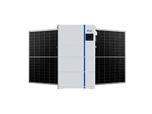 Deye hybrid solar inverter with two black solar panels on either side