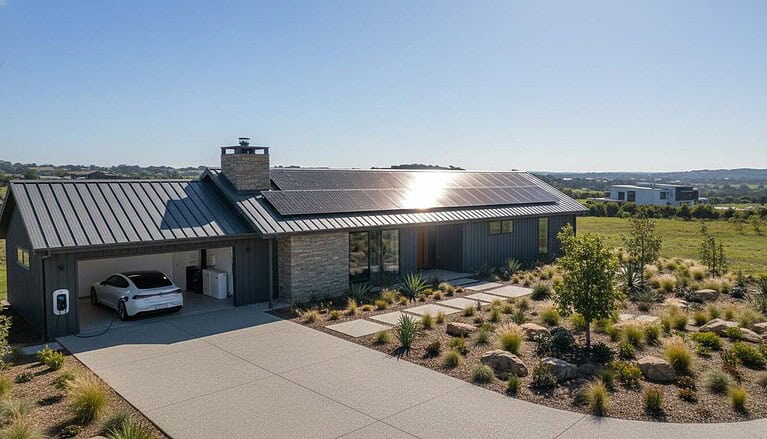 Modern off-grid home with rooftop solar array, battery storage and EV charger