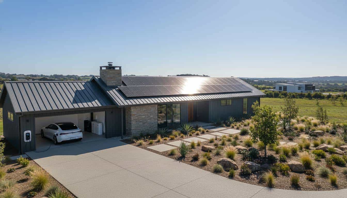 Modern off-grid home with rooftop solar array, battery storage and EV charger