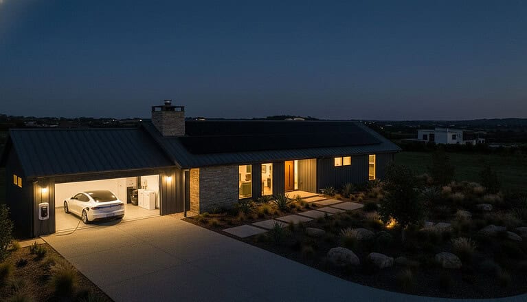 Modern off-grid home operating at night with solar, battery storage and EV charging