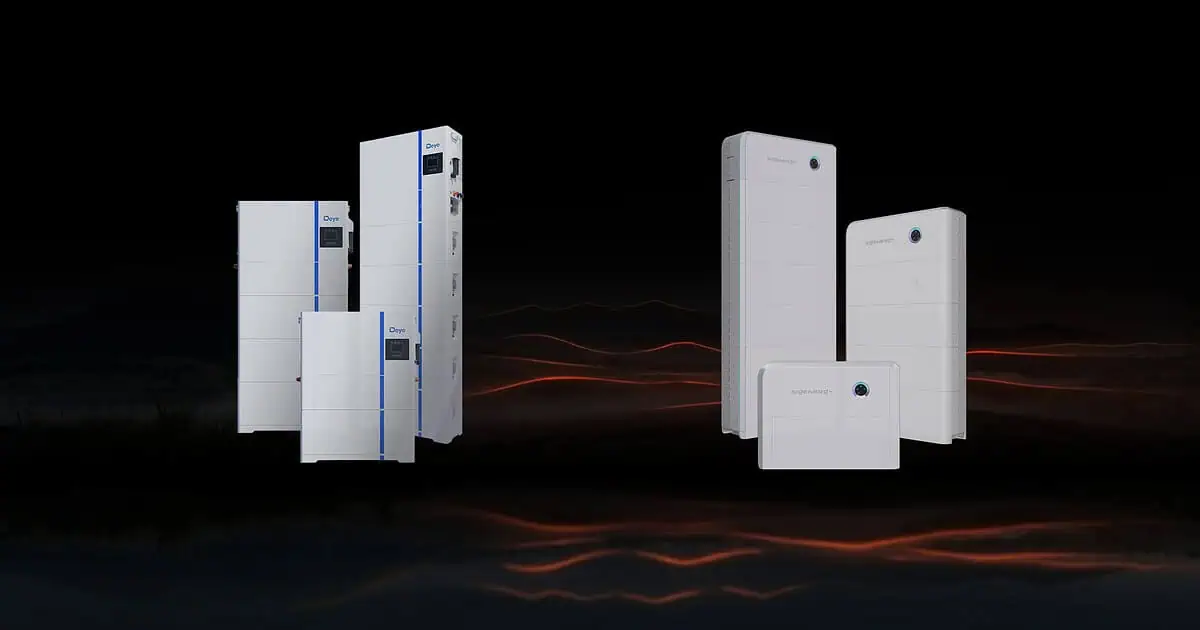 Collection of white battery energy storage systems in various sizes with blue accents, displayed against a dark background with orange light waves