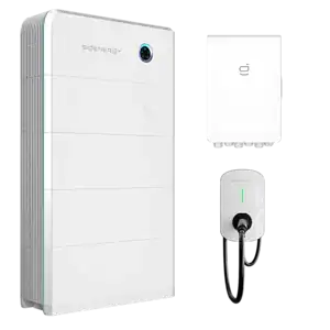 Sidenergy home battery system with wall-mounted unit, gateway device, and charging station with green status indicator