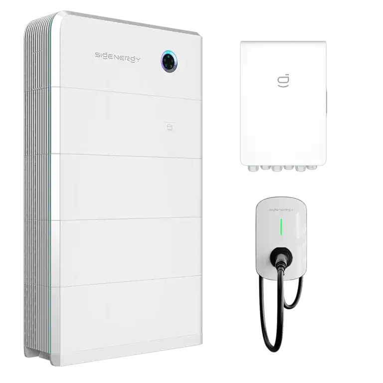 Sidenergy home battery system with wall-mounted unit, gateway device, and charging station with green status indicator